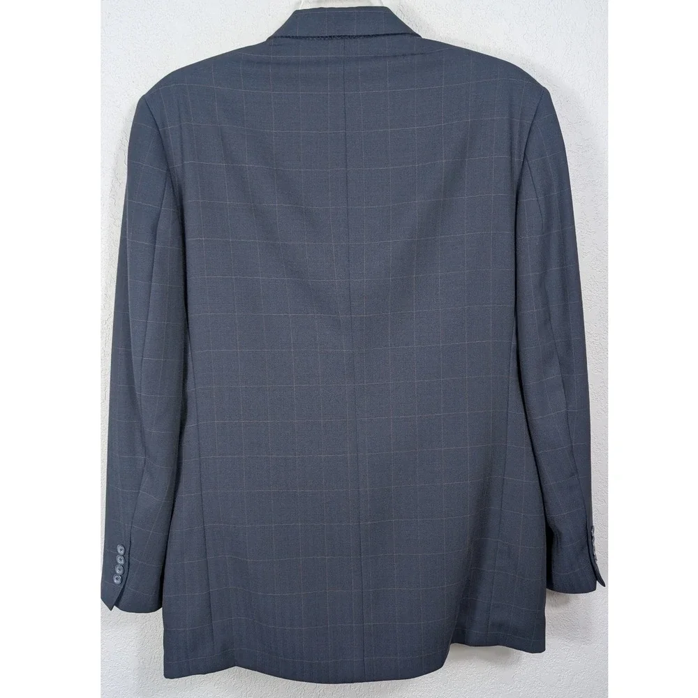 Oscar de la Renta Blazer Mens 41L Blue Brown Windowpane Plaid 100% Wool 3-Button